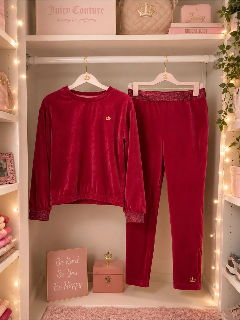 Juicy Couture Red Velvet Girls Lounge Set with Crown Logo